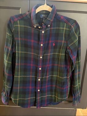 Polo Ralph Lauren Plaid Button Down Shirt Boys L (14-16) Green Blue Classic